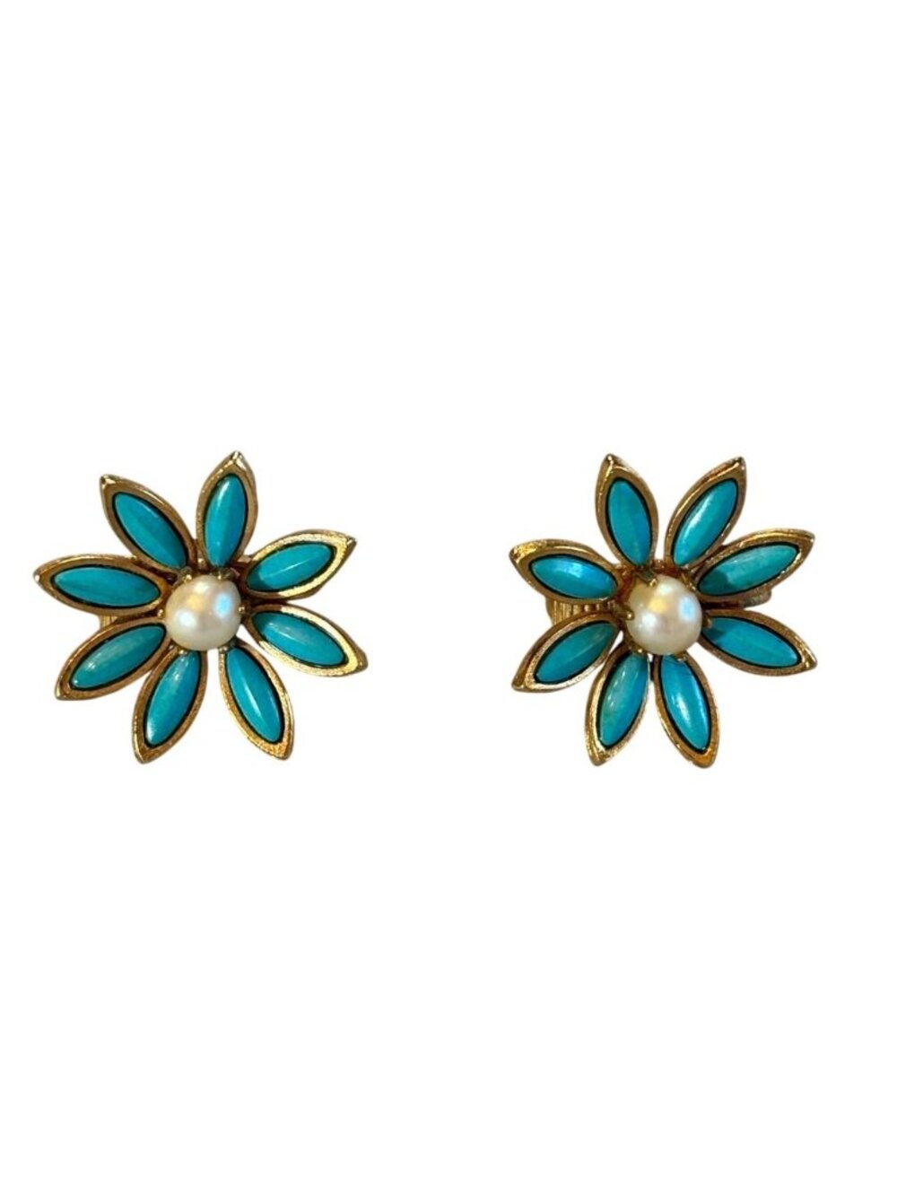 Vintage Gold Turquoise Pearl Flower Statement STAR signed MCM Clip-on Earrings